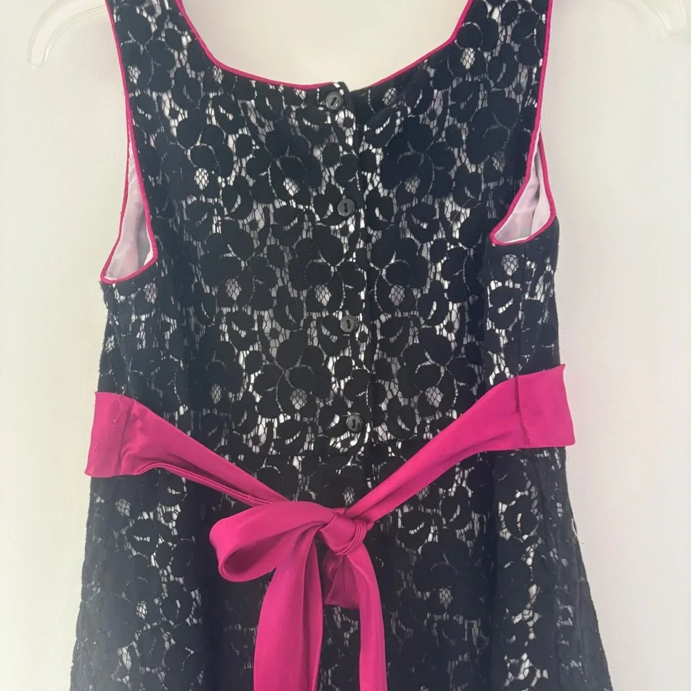 Emily West Girls Size 14.5 Black Lace Dress Pink‎ Ribbon White Layered Hem Party